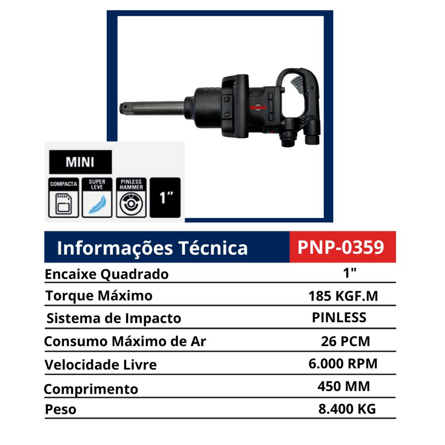 Chave 1" Mini Compacta Super Pinless Hammer — Chaves de Impacto Pneumáticas 1" e 1.1/2" — Longas e Curtas