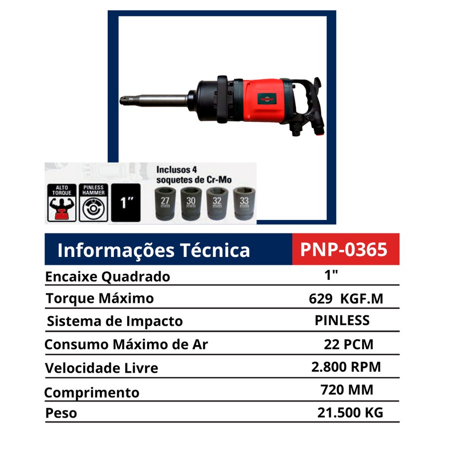 Chave 1" Alto Torque Pinless Hammer 629 KGF.M — Chaves de Impacto Pneumáticas 1" e 1.1/2" — Longas e Curtas