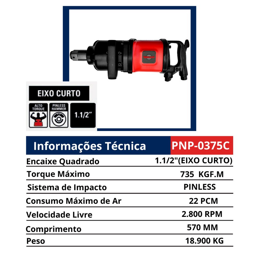 Chave 1.1/2" Eixo Curto Alto Torque Pinless Hammer — Chaves de Impacto Pneumáticas 1" e 1.1/2" — Longas e Curtas
