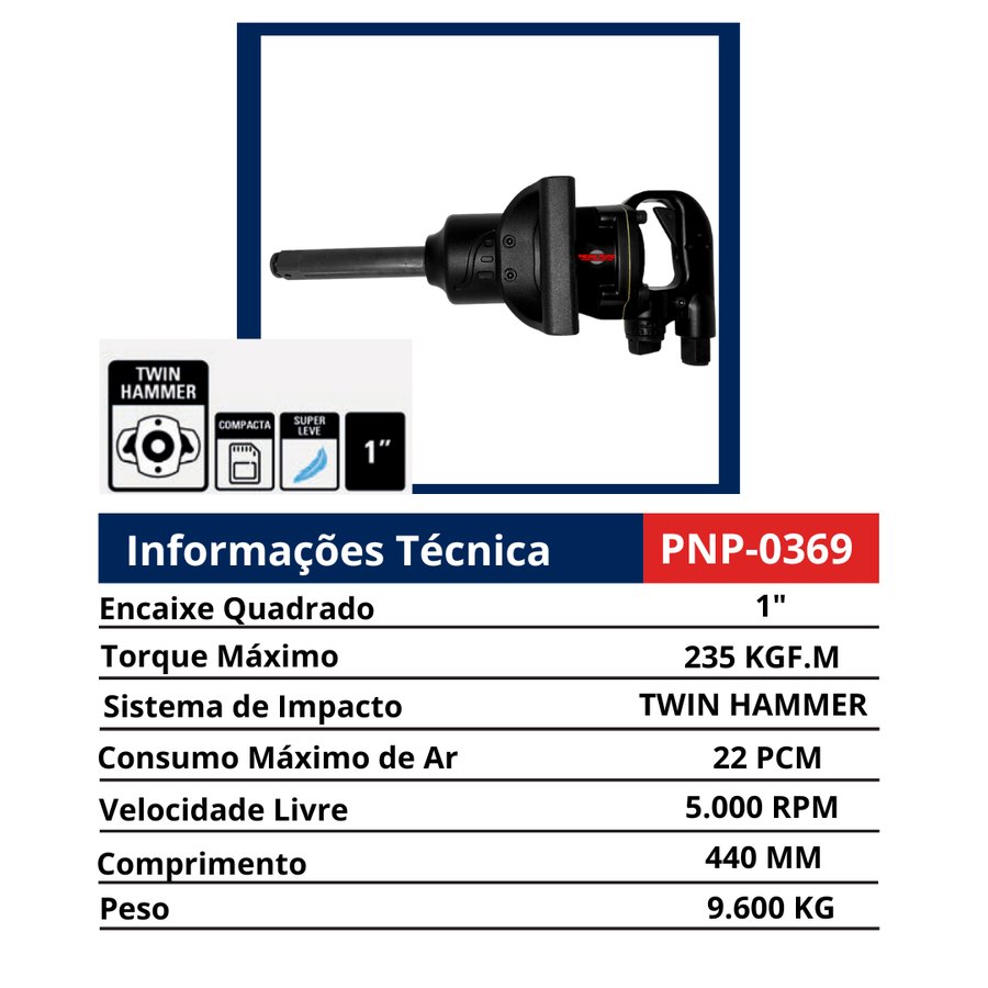 Chave 1" Twin Hammer Compacta Super Leve — Chaves de Impacto Pneumáticas 1" e 1.1/2" — Longas e Curtas