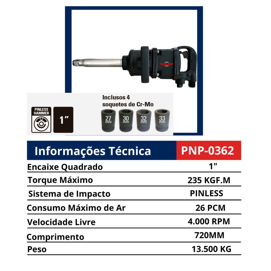 Chave 1" Pinless Hammer com 4 soquetes Cr-Mo — Chaves de Impacto Pneumáticas 1" e 1.1/2" — Longas e Curtas