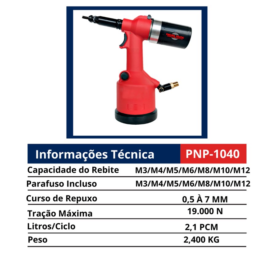 Rebitador de Rosca Pneumático M3 a M12 — Rebitadores de Repuxo e de Rosca
