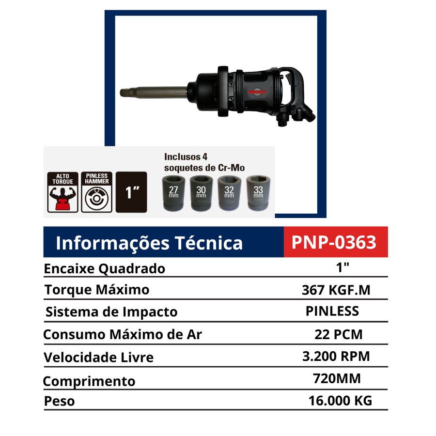 Chave 1" Alto Torque Pinless Hammer com 4 soquetes Cr-Mo — Chaves de Impacto Pneumáticas 1" e 1.1/2" — Longas e Curtas