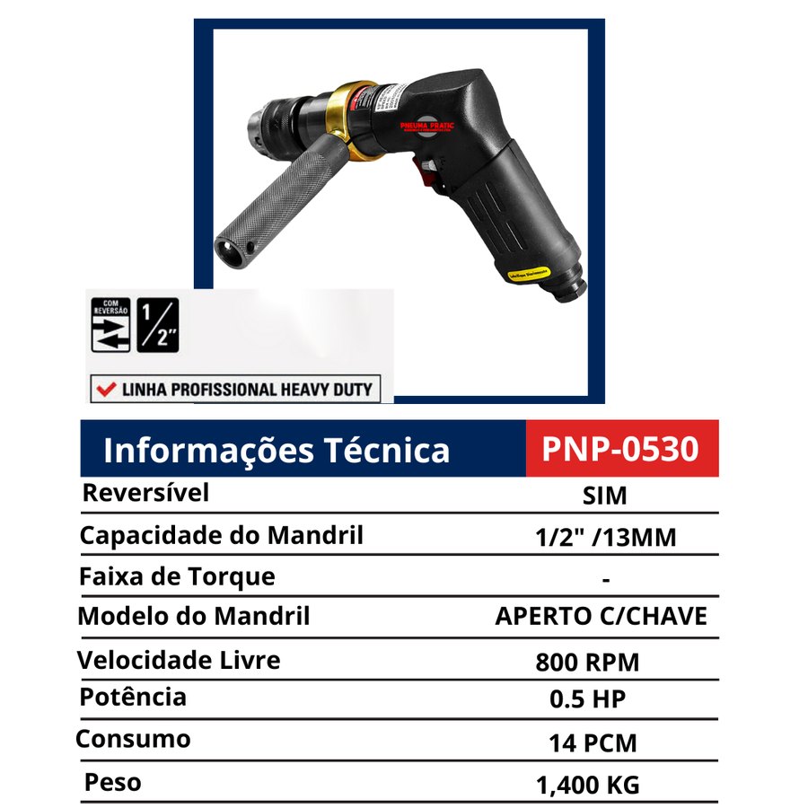 Furadeira Reversa 1/2" — Heavy Duty 800 RPM — Furadeiras Pneumáticas