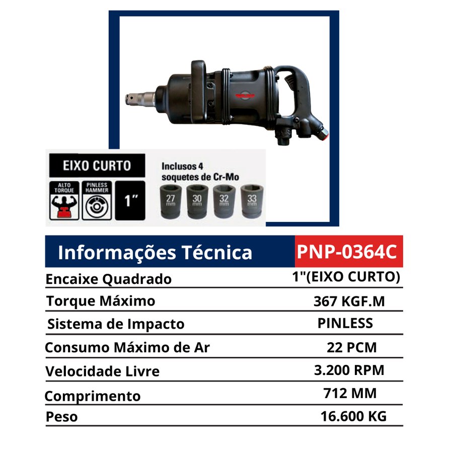 Chave 1" Eixo Curto Alto Torque Pinless Hammer — Chaves de Impacto Pneumáticas 1" e 1.1/2" — Longas e Curtas
