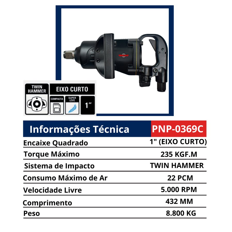 Chave 1" Eixo Curto Twin Hammer Compacta Super Leve — Chaves de Impacto Pneumáticas 1" e 1.1/2" — Longas e Curtas