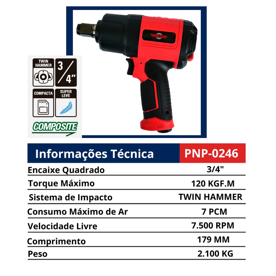 Chave 3/4" Twin Hammer Compacta Super Leve Composite — Chaves de Impacto Pneumáticas 3/4" Tipo Pistola