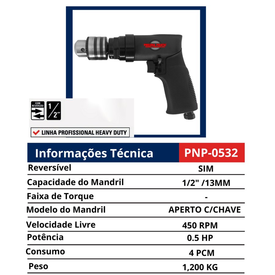 Furadeira Reversa 1/2" — Heavy Duty 450 RPM — Furadeiras Pneumáticas