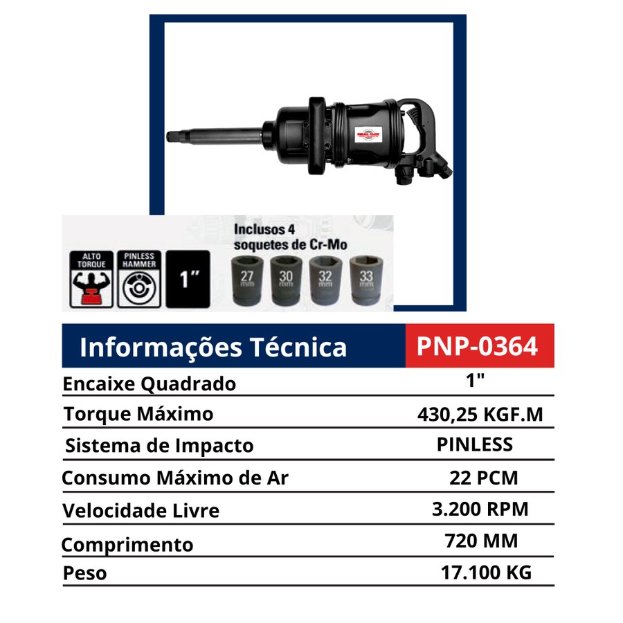 Chave 1" Alto Torque Pinless Hammer 430 KGF.M — Chaves de Impacto Pneumáticas 1" e 1.1/2" — Longas e Curtas